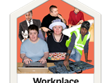 Lots of different kinds of work places depicted, computer work and building work for example. 