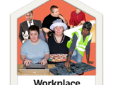Lots of different kinds of work places depicted, computer work and building work for example. 
