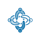 Four people linking arms in a circle. 