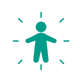Green icon of a man surrounded by lines to indicate person centred. 