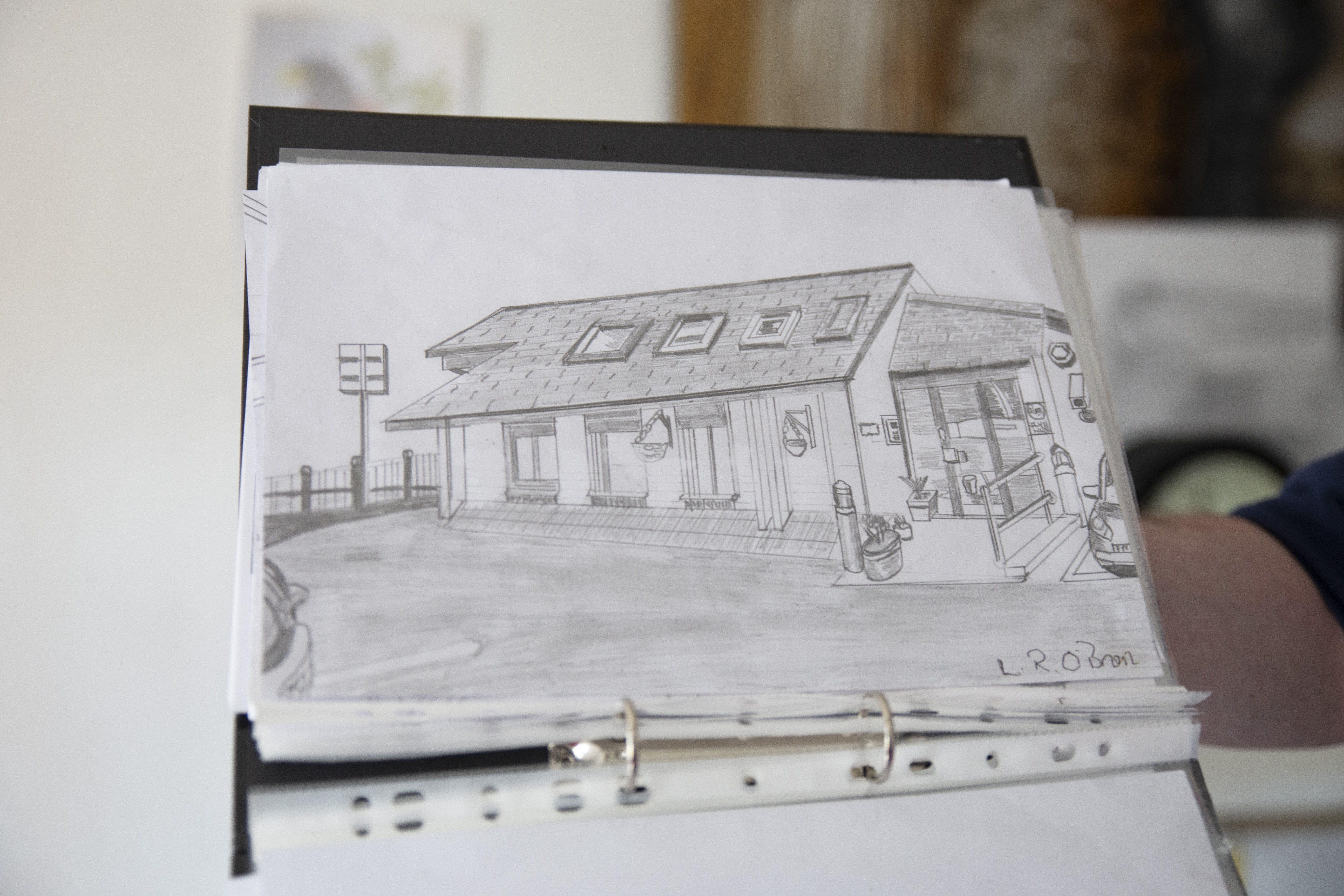 Lee's sketch of Ategi headquarters in Pontypridd.