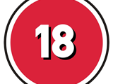Over 18s badge used in movies. The number 18 in a red circle. 