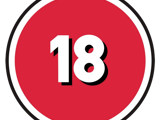 Over 18s badge used in movies. The number 18 in a red circle. 