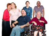 Image of different kinds of people, some in wheel chairs. 
